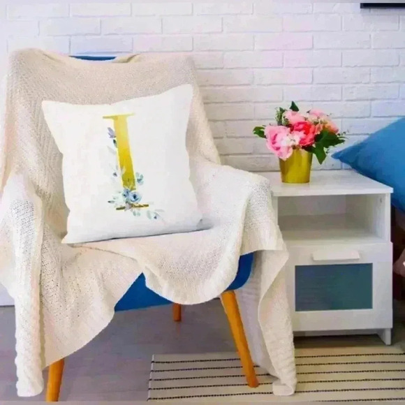 Pillow Covers 18x18” 1 pc I Alphabet Linen White/Gold I Blue Floral Boho Cottage - Picture 4 of 13